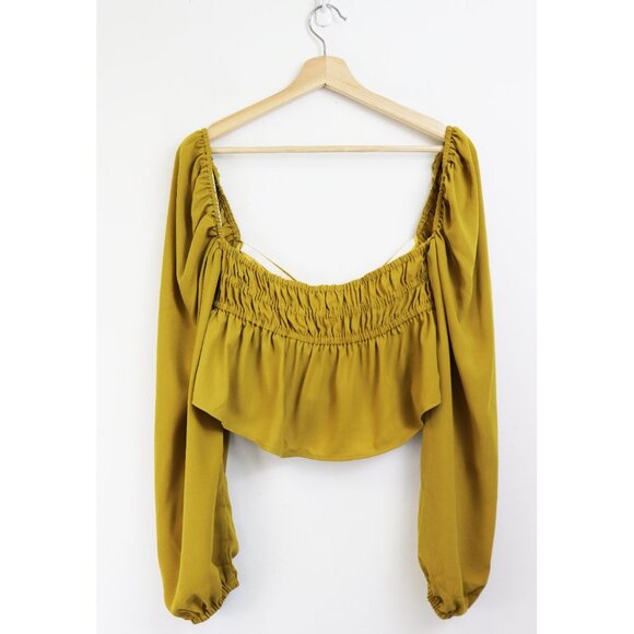 Tularosa Off Shoulder Long Sleeve Cutout Bow Front Peplum Crop Top Yellow Small - Picture 5 of 6
